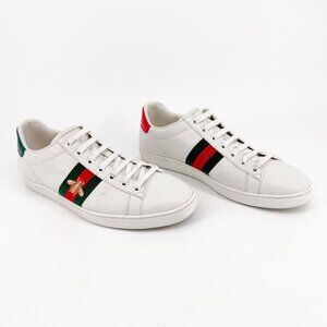 Gucci Ace Bee White Leather Low Top Sneakers Web Stripe Size 41 US 11 Women's